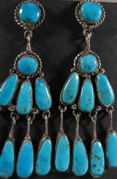 Zuni Indian Jewelry Sterling Silver Turquoise Post Dangle Earrings Unkestine 