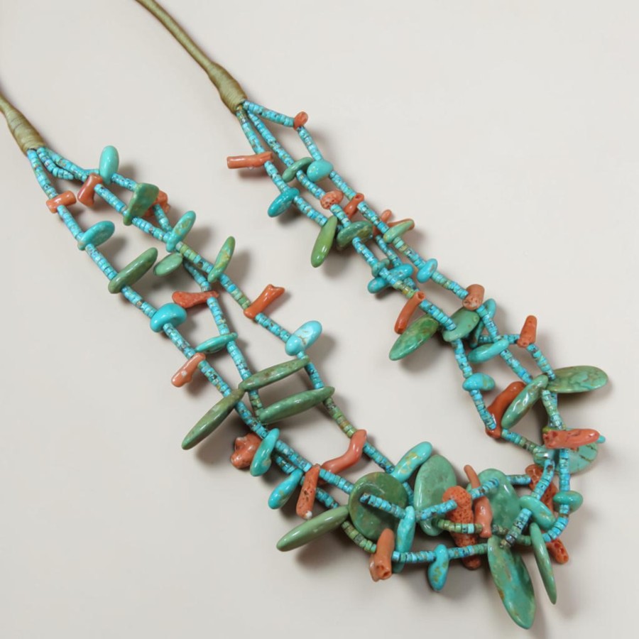 Nestoria Coriz ~ Nevada Turquoise 3 Strand Necklace+ coral