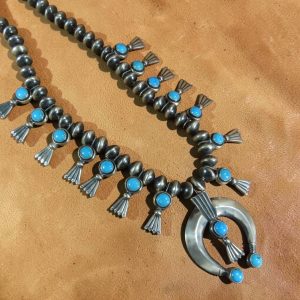 Linda Marble ~ Kingman Turquoise Squash Blossom Necklace with Earrings